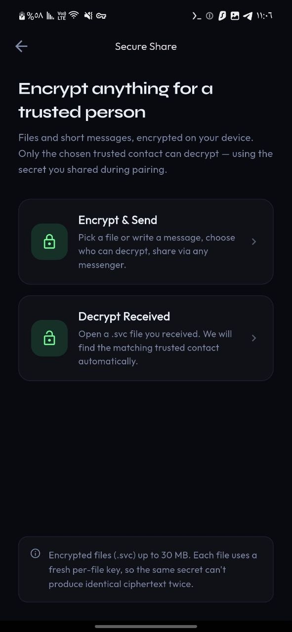Secure share screen with encrypt and send, decrypt received options