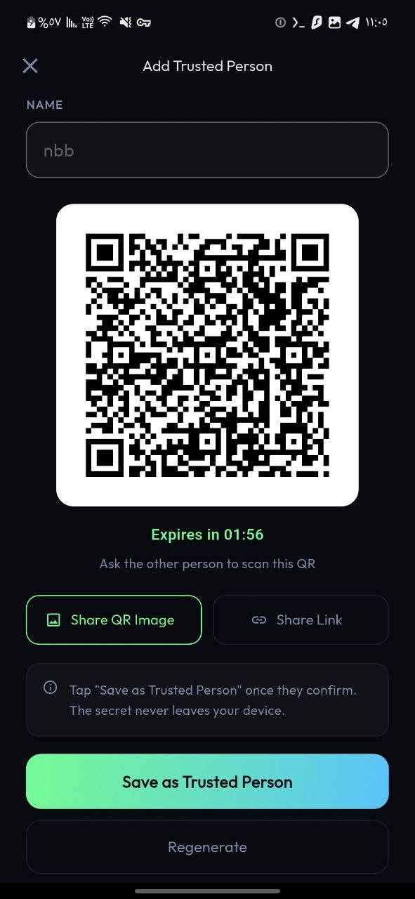 Add trusted person screen showing QR pairing code