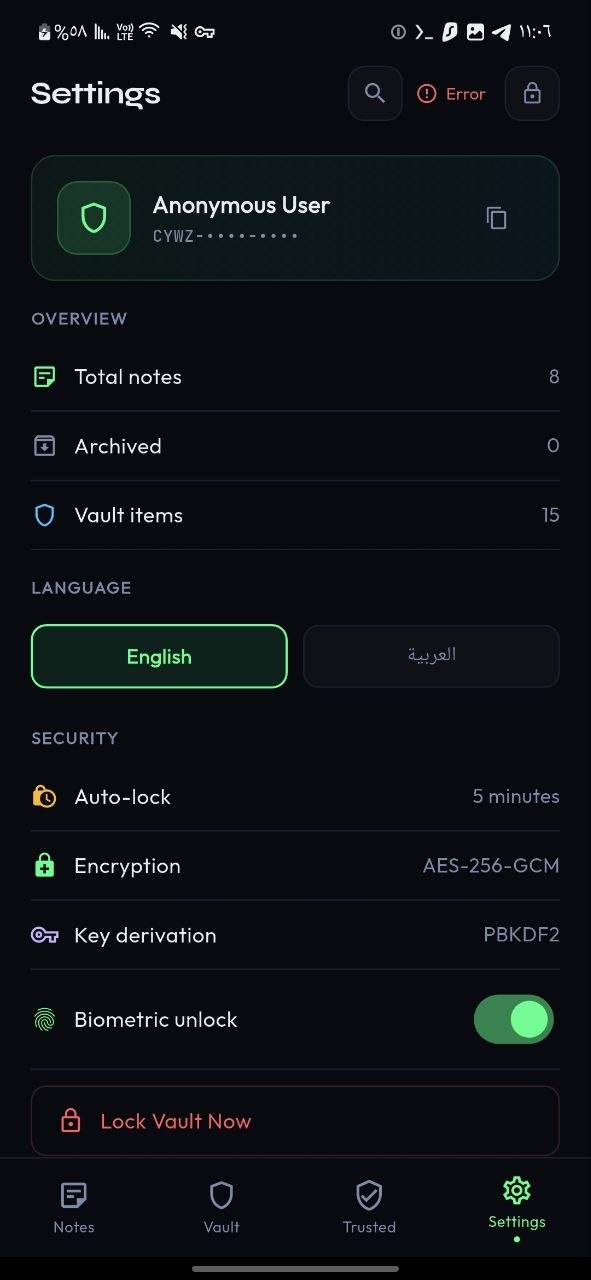 SecureVault app showing logins, cards, wallets and identities